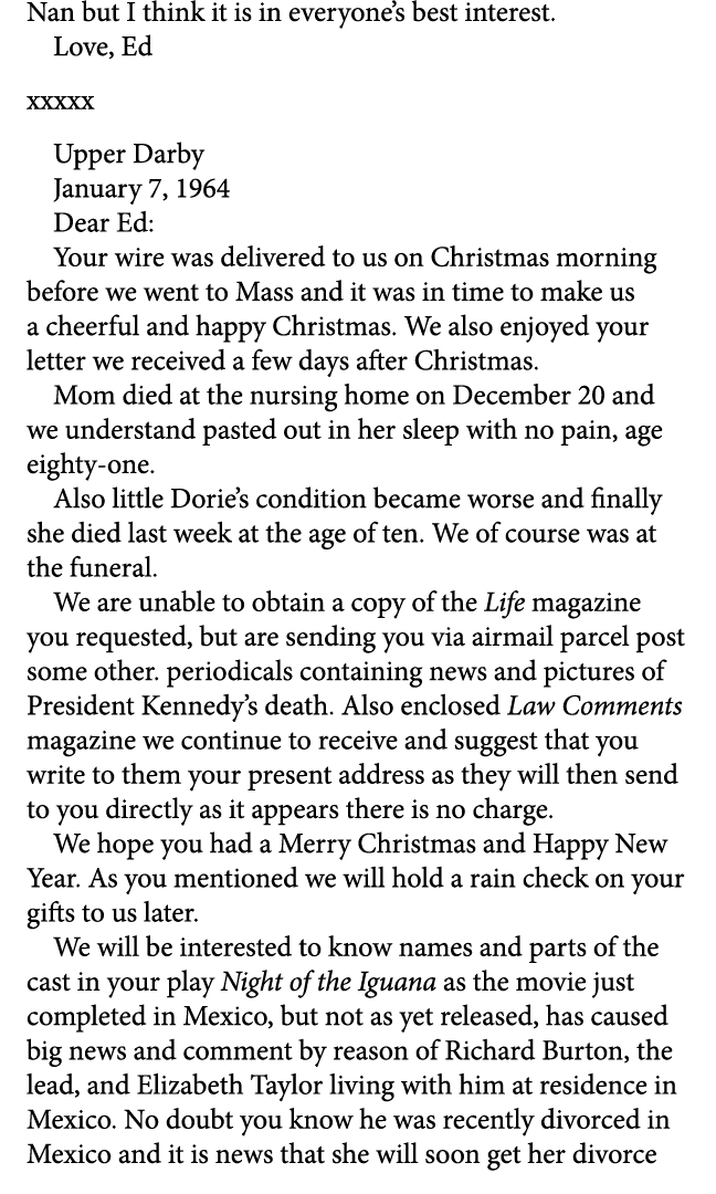Nan but I think it is in everyone’s best interest. Love, Ed xxxxx Upper Darby January 7, 1964 Dear Ed: Your wire was...