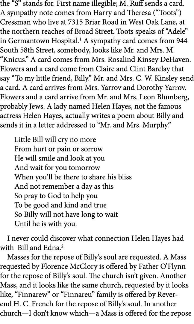 the “S” stands for. First name illegible; M. Ruff sends a card. A sympathy note comes from Harry and Theresa (“Toots”...