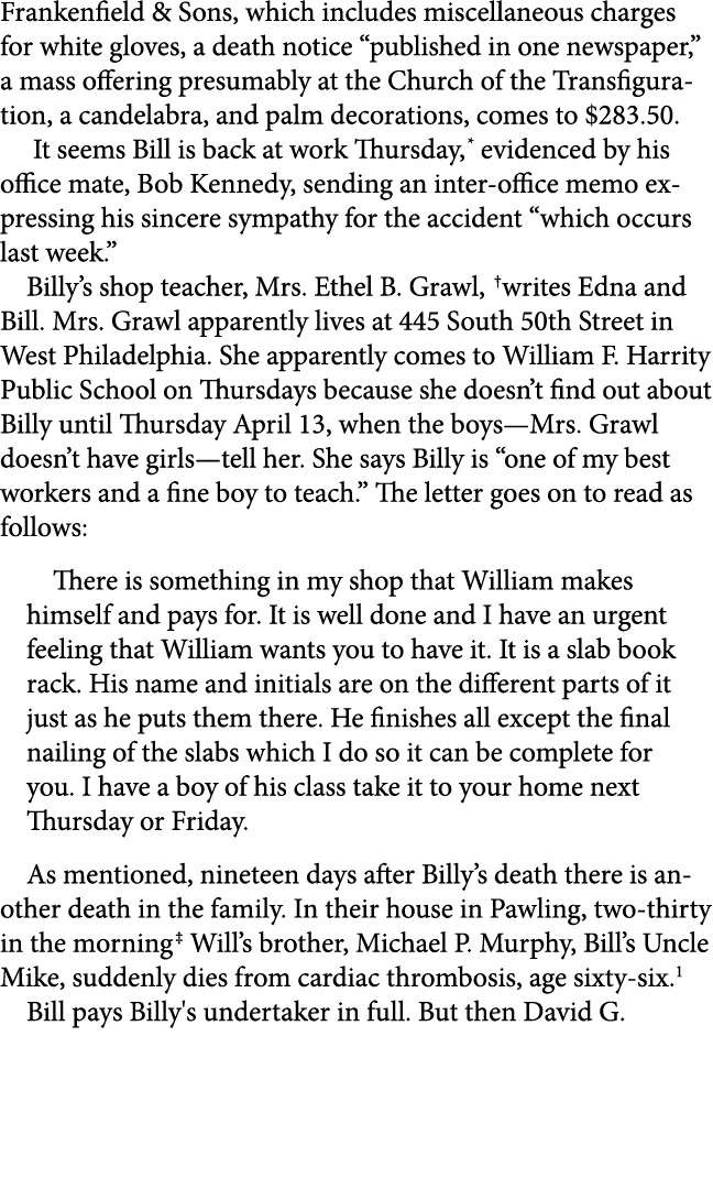 Frankenfield & Sons, which includes miscellaneous charges for white gloves, a death notice “published in one newspape...