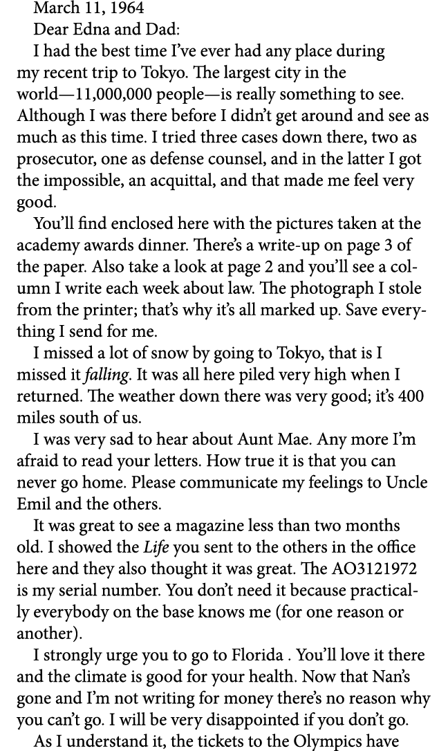 March 11, 1964 Dear Edna and Dad: I had the best time I’ve ever had any place during my recent trip to Tokyo. The lar...