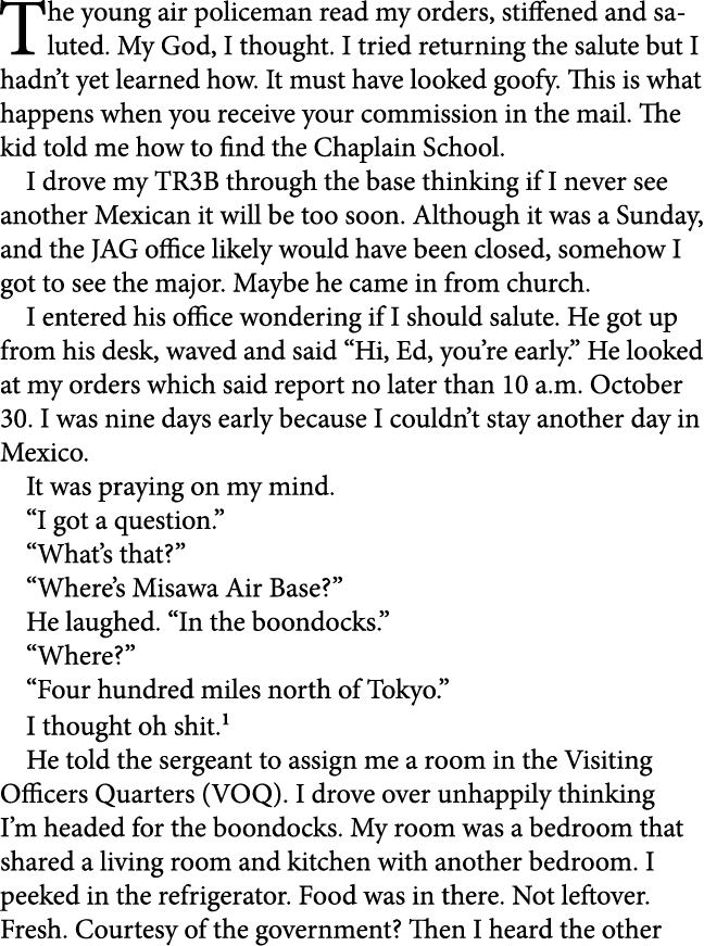 The young air policeman read my orders, stiffened and saluted. My ﻿God, I thought. I tried returning the salute but I...