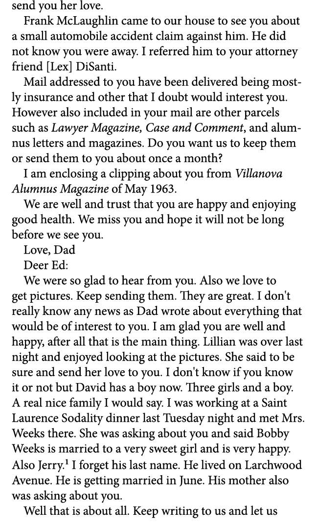 send you her love. Frank McLaughlin came to our house to see you about a small automobile accident claim against him....
