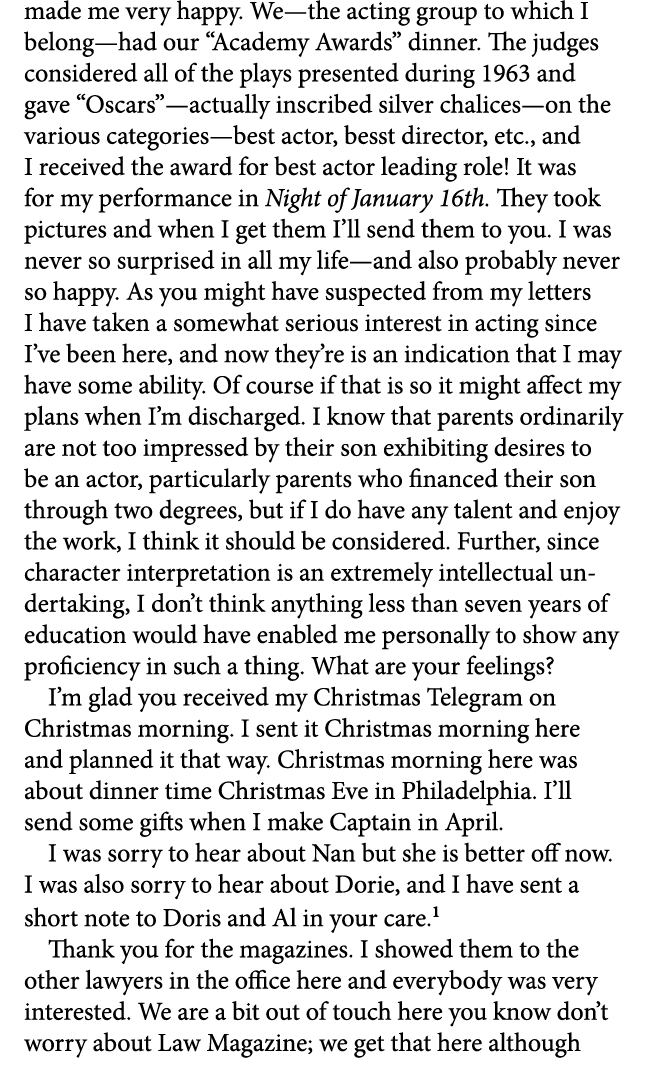 made me very happy. We—the acting group to which I belong—had our “Academy Awards” dinner. The judges considered all ...