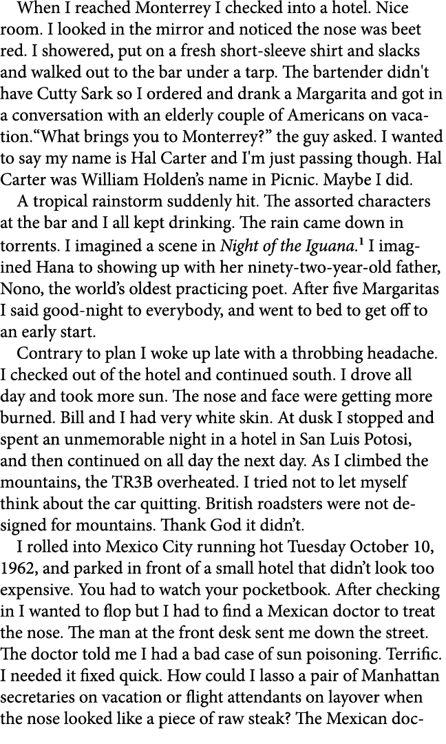 When I reached ﻿Monterrey I checked into a hotel. Nice room. I looked in the mirror and noticed the nose was beet red...