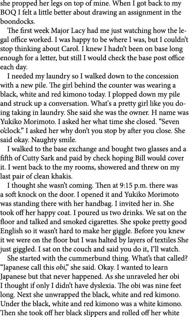 she propped her legs on top of mine. When I got back to my BOQ I felt a little better about drawing an assignment in ...