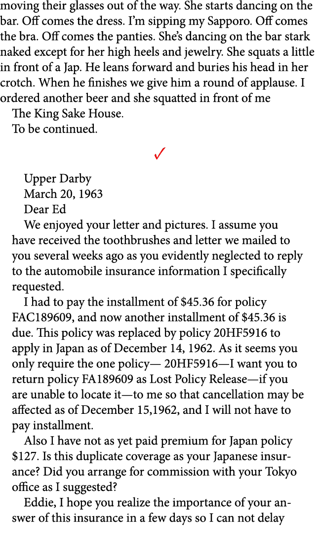 moving their glasses out of the way. She starts dancing on the bar. Off comes the dress. I’m sipping my ﻿Sapporo. Off...