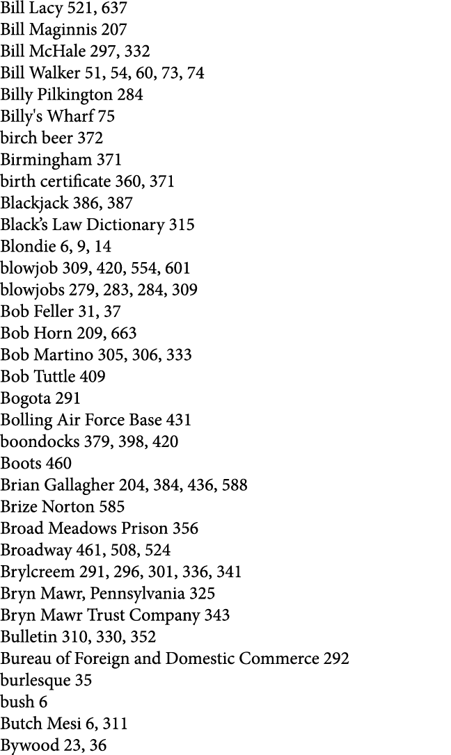 Bill Lacy 521, 637 Bill Maginnis 207 Bill McHale 297, 332 Bill Walker 51, 54, 60, 73, 74 Billy Pilkington 284 Billy's...