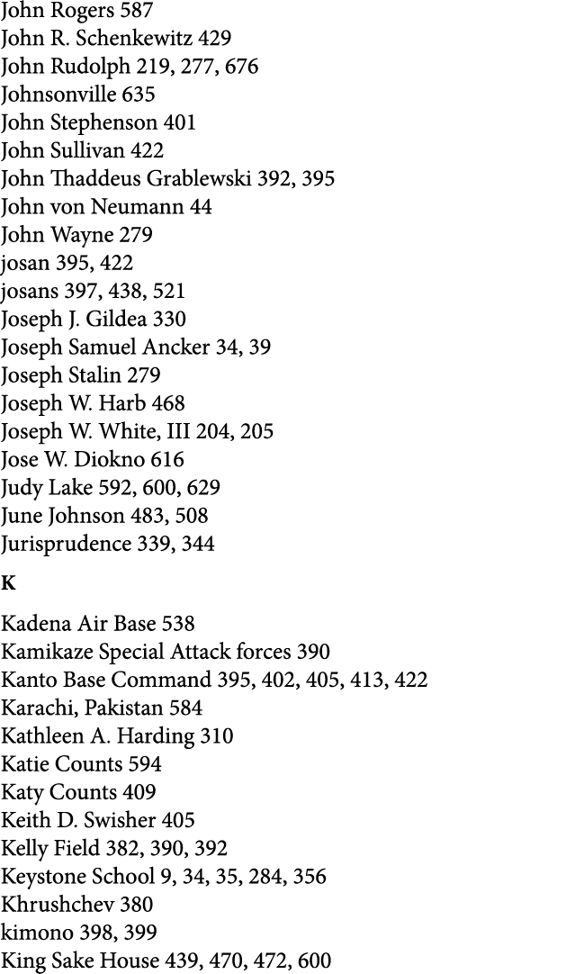 John Rogers 587 John R. Schenkewitz 429 John Rudolph 219, 277, 676 Johnsonville 635 John Stephenson 401 John Sullivan...