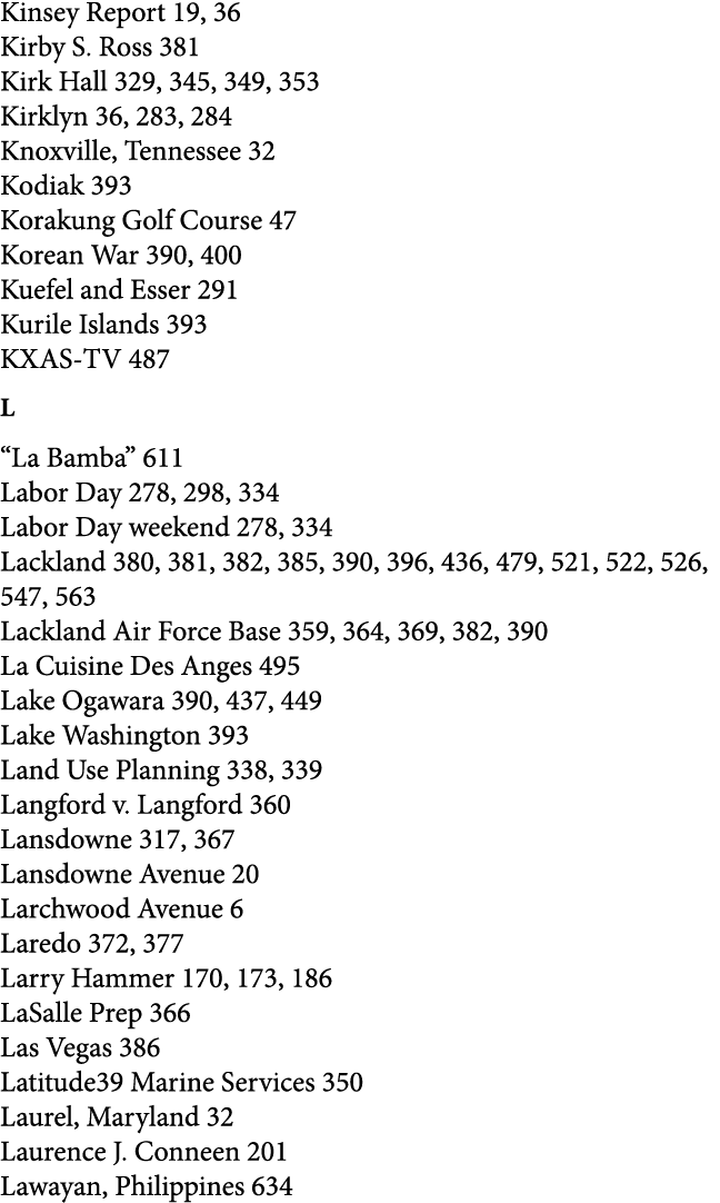 Kinsey Report 19, 36 Kirby S. Ross 381 Kirk Hall 329, 345, 349, 353 Kirklyn 36, 283, 284 Knoxville, Tennessee 32 Kodi...