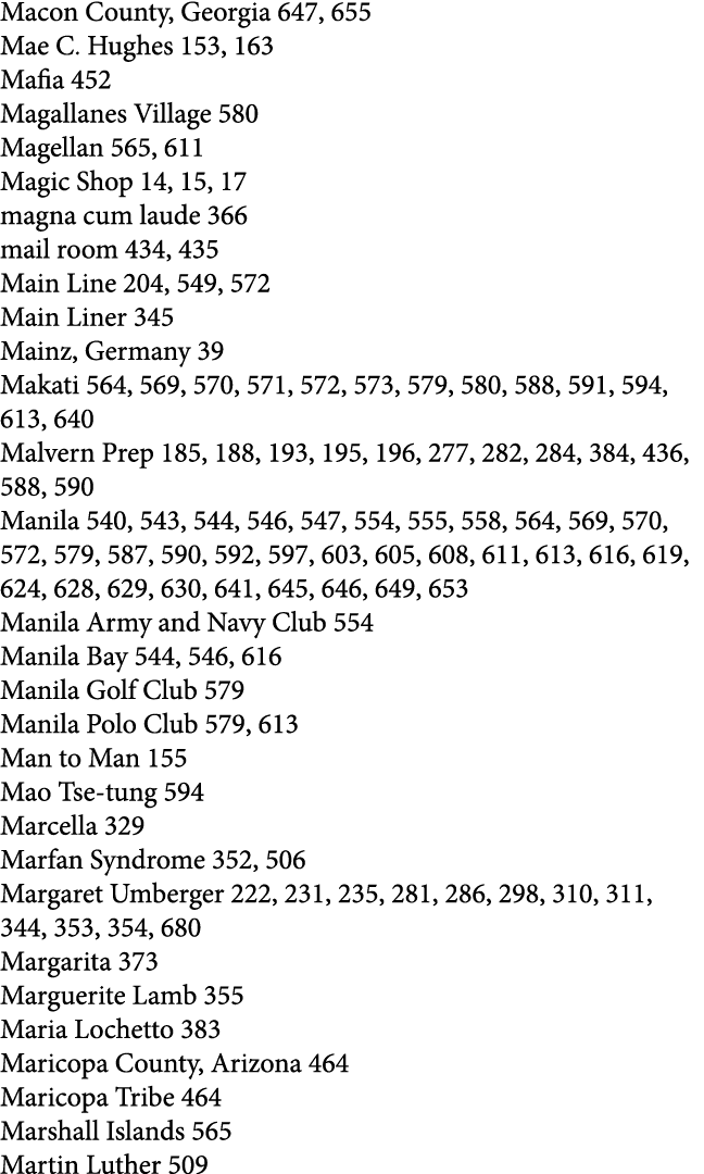 Macon County, Georgia 647, 655 Mae C. Hughes 153, 163 Mafia 452 Magallanes Village 580 Magellan 565, 611 Magic Shop 1...
