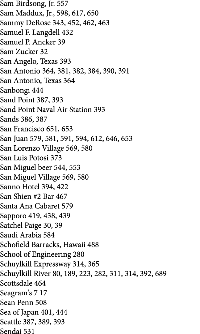 Sam Birdsong, Jr. 557 Sam Maddux, Jr., 598, 617, 650 Sammy DeRose 343, 452, 462, 463 Samuel F. Langdell 432 Samuel P....