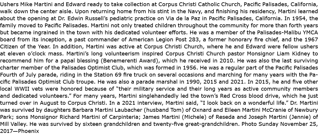 Ushers Mike Martini and Edward ready to take collection at Corpus Christi Catholic Church, Pacific Palisades, Califor...