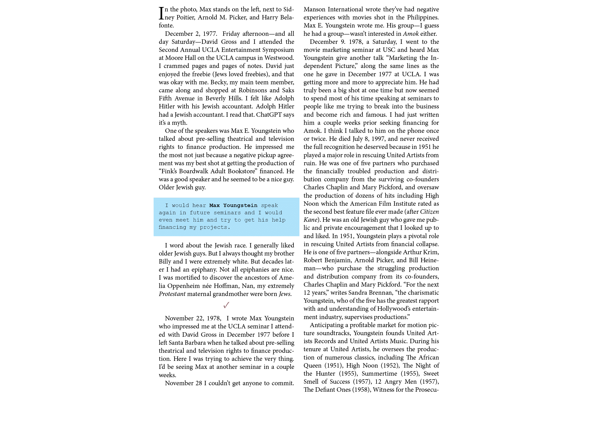 In the photo, Max stands on the left, next to Sidney Poitier, Arnold M. Picker, and Harry Belafonte. December 2, 1977...
