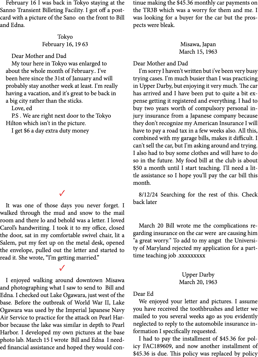 February 16 I was back in Tokyo staying at the Sanno Transient Billeting Facility. I got off a postcard with a pictur...