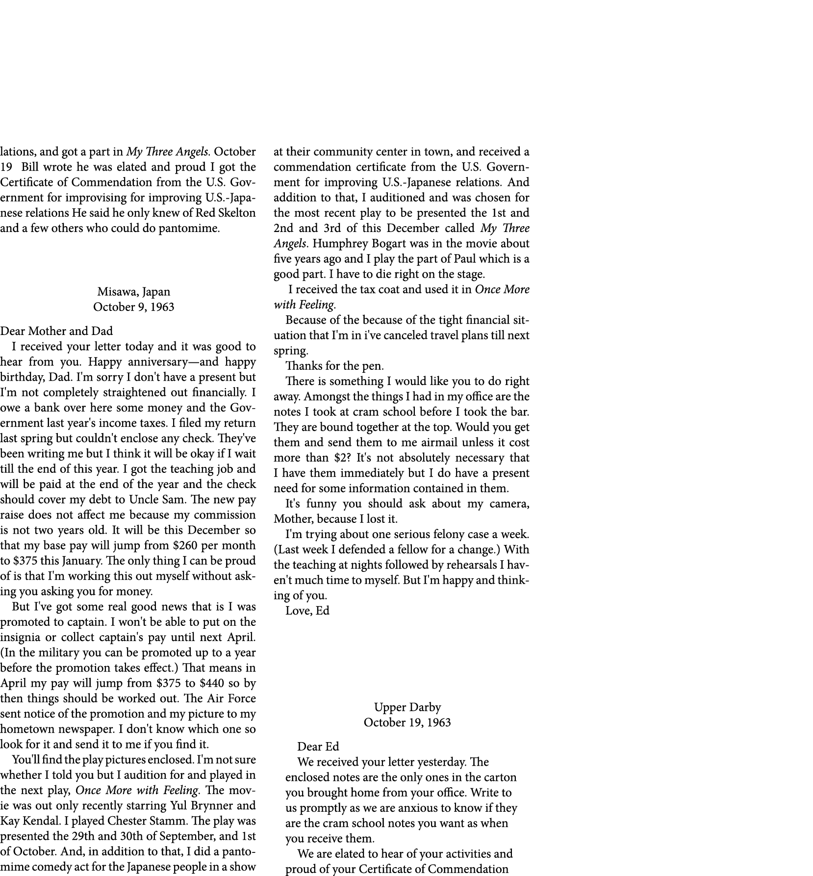 lations, and got a part in My Three Angels. October 19 ￼ Bill wrote he was elated and proud I got the Certificate of ...