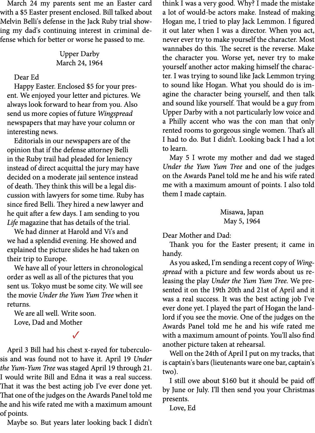 March 24 my parents sent me an Easter card with a $5 Easter present enclosed. Bill talked about Melvin Belli's defens...