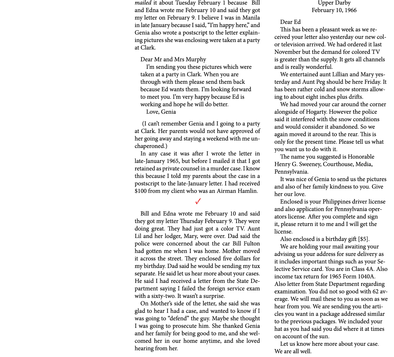 mailed it about Tuesday February 1 because Bill and Edna wrote me February 10 and said they got my letter on February...