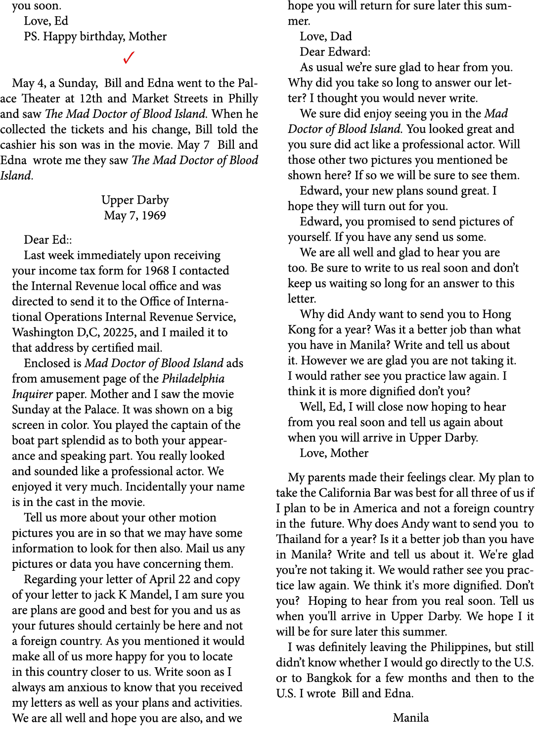 you soon. Love, Ed PS. Happy birthday, Mother ✓ May 4, a Sunday, Bill and Edna went to the Palace Theater at 12th and...