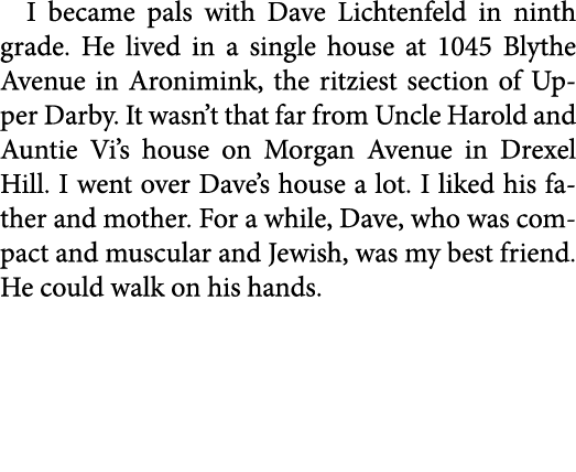 I became pals with ﻿Dave Lichtenfeld in ninth grade. He lived in a single house at 1045 Blythe Avenue in ﻿Aronimink, ...