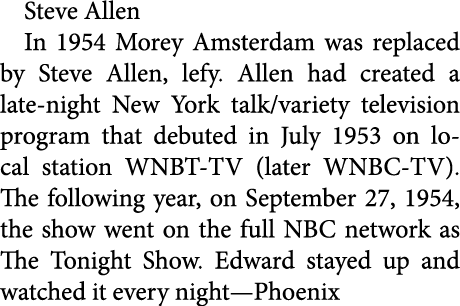 Steve Allen In 1954 ﻿Morey Amsterdam was replaced by Steve Allen, lefy. Allen had created a late night New York talk/...