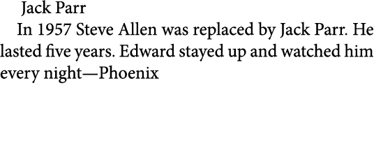  ﻿Jack Parr In 1957 Steve Allen was replaced by ﻿Jack Parr. He lasted five years. Edward stayed up and watched him ev...