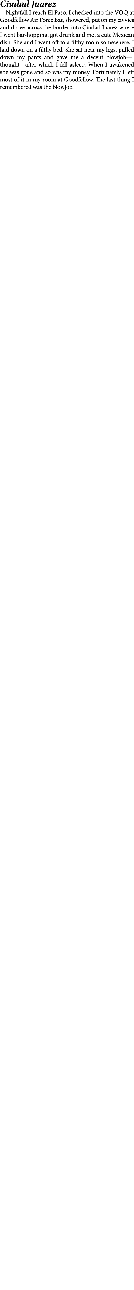 Ciudad Juarez Nightfall I reach El Paso. I checked into the ﻿VOQ at ﻿Goodfellow Air Force Bas, showered, put on my ci...
