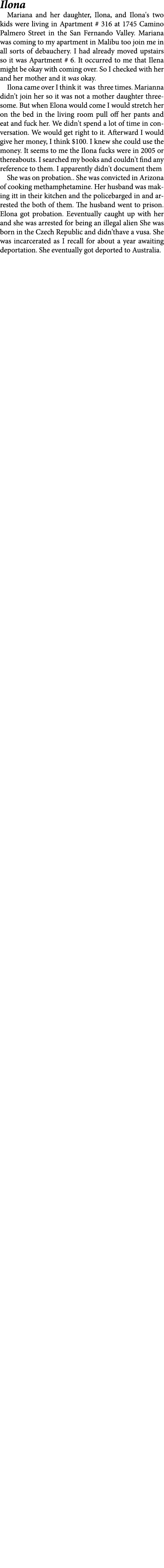  Ilona Mariana and her daughter, Ilona, and Ilona's two kids were living in Apartment # 316 at 1745 Camino Palmero St...