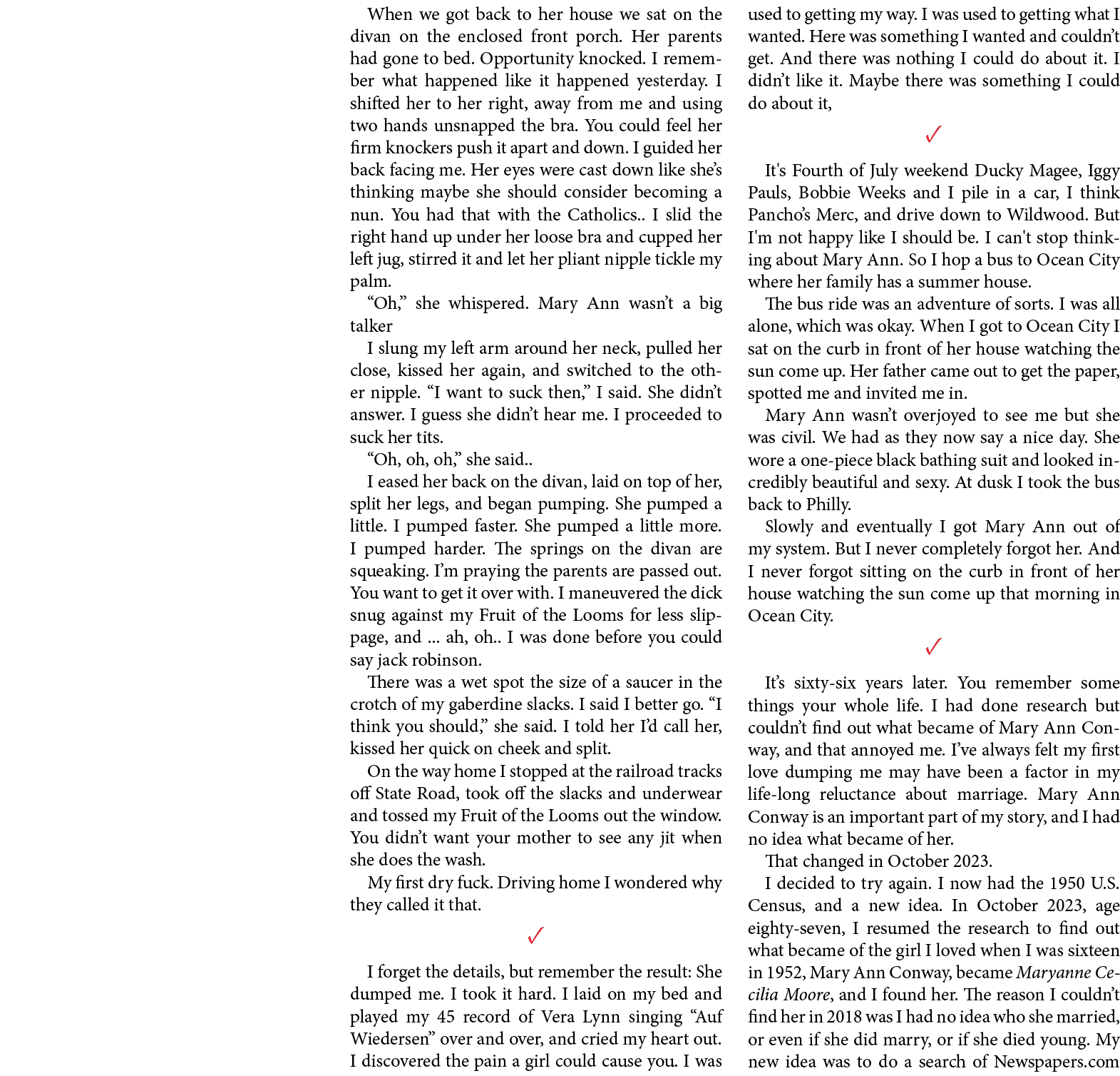 When we got back to her house we sat on the divan on the enclosed front porch. Her parents had gone to bed. Opportuni...