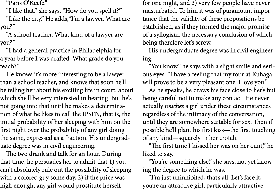 “Paris O’Keefe.” “I like that,” she says. “How do you spell it?” “Like the city.” He adds,“I’m a lawyer. What are you...